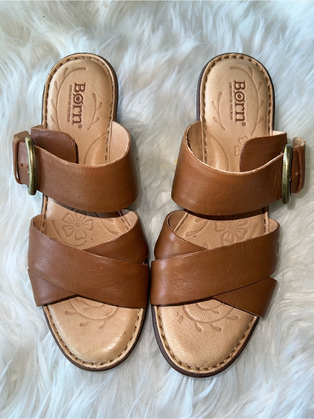 Born Brown Leather Crossover Slide Sandals with Buckle